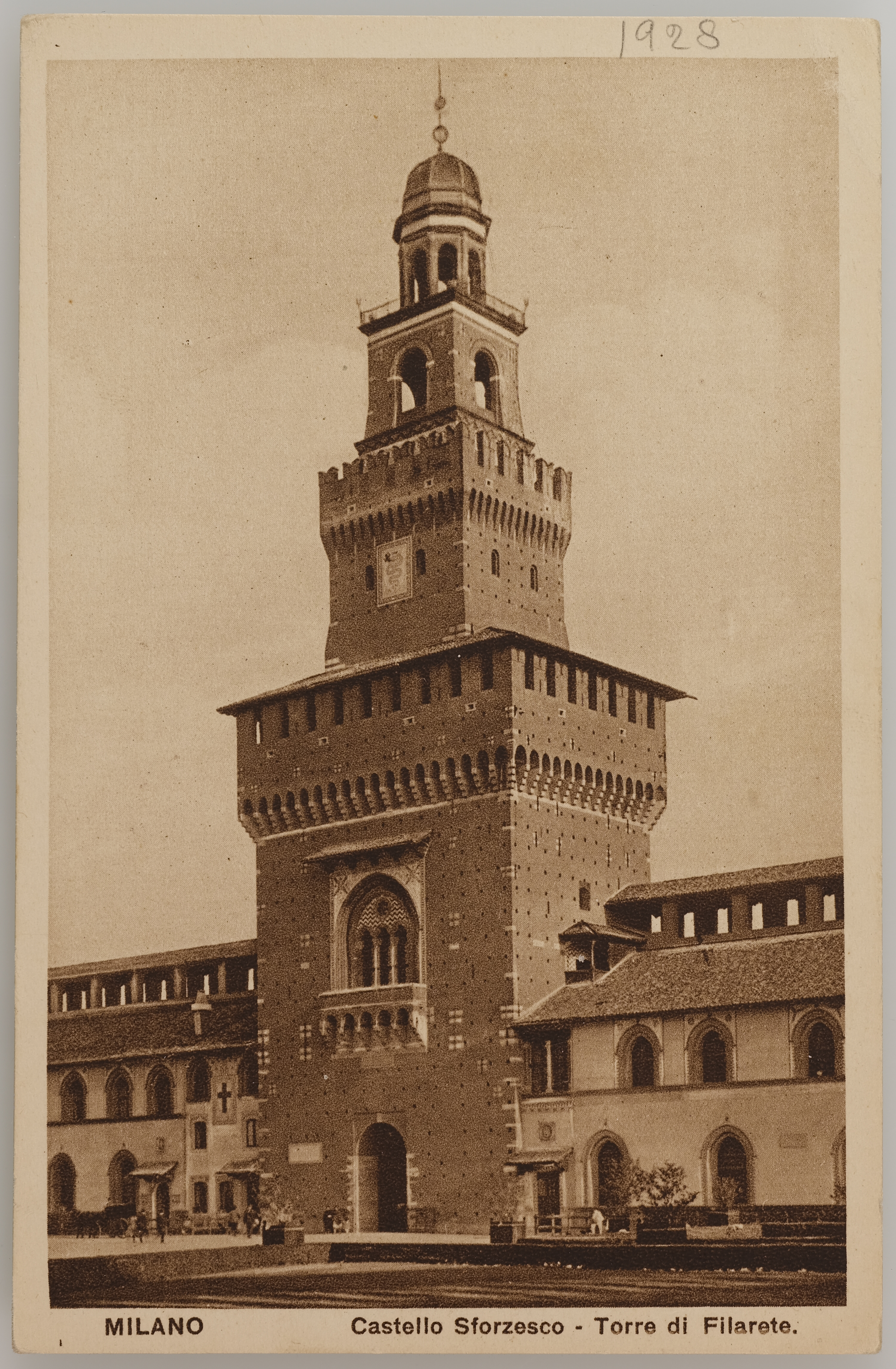 Fotografo non identificato, Milano - Castello Sforzesco - Torre del Filarete, 1928, stampa fotomeccanica/ cartolina postale, DVC001518