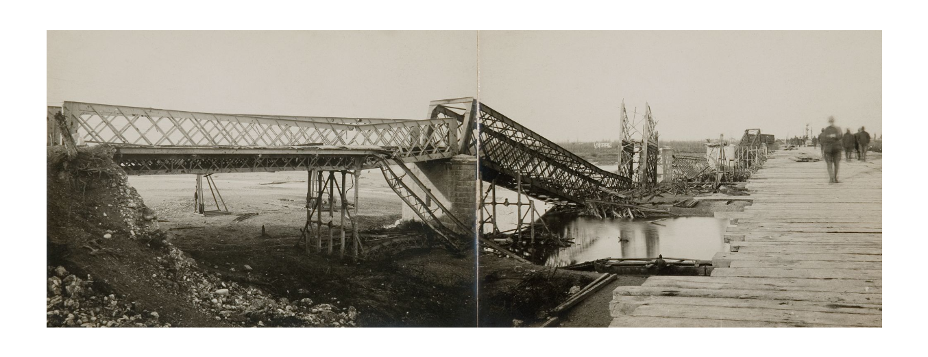 Fotografo non identificato, Ponte di Piave - Ponte ferroviario sul fiume Piave distrutto durante la Grande Guerra, 1919, gelatina ai sali d'argento, PV000330