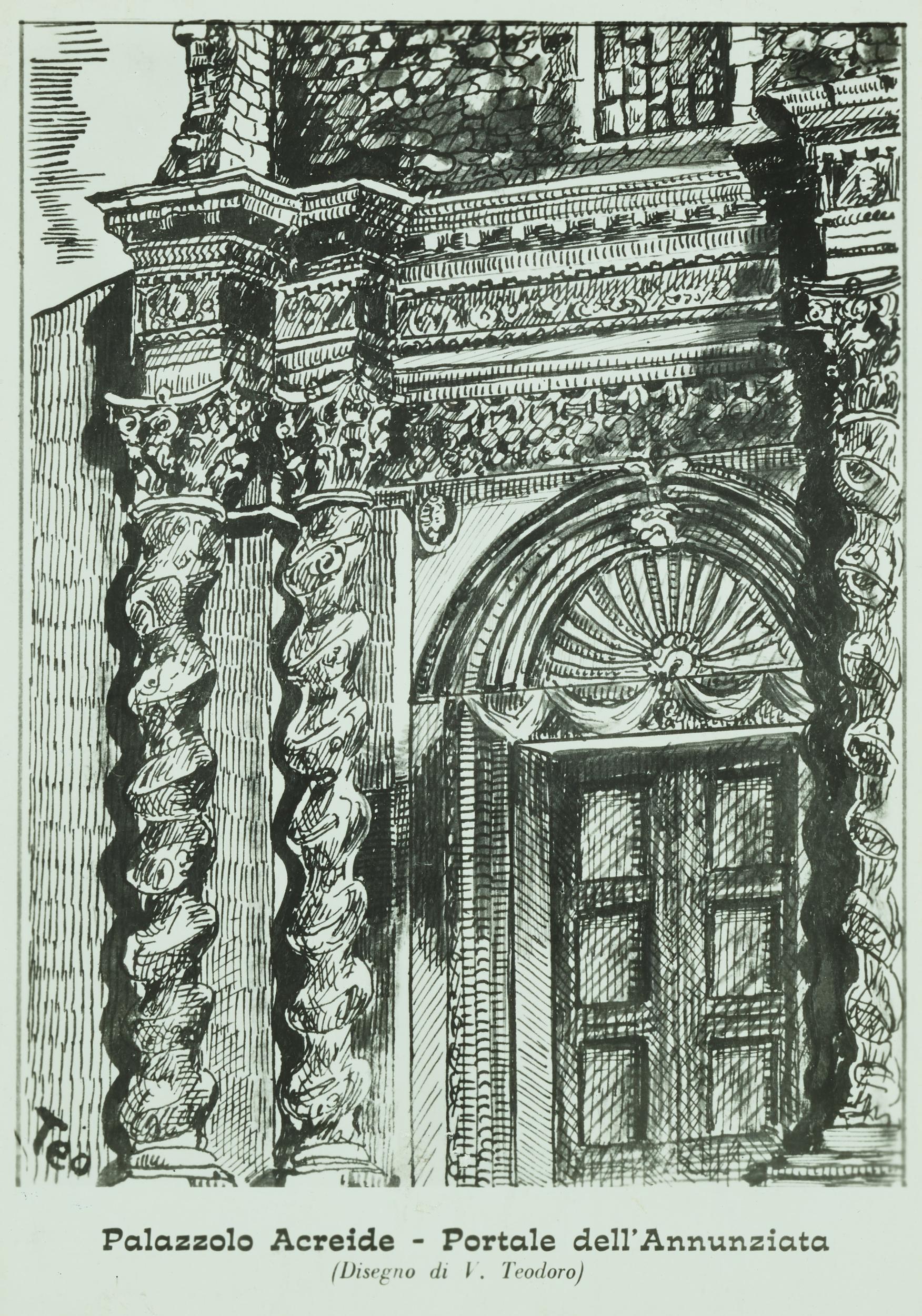 Fotografo non identificato, Palazzolo Acreide - Disegno di V. Teodoro raffigurante il portale della Chiesa dell'Annunziata, 1876-1900, gelatina ai sali d'argento/carta, MPI6074273