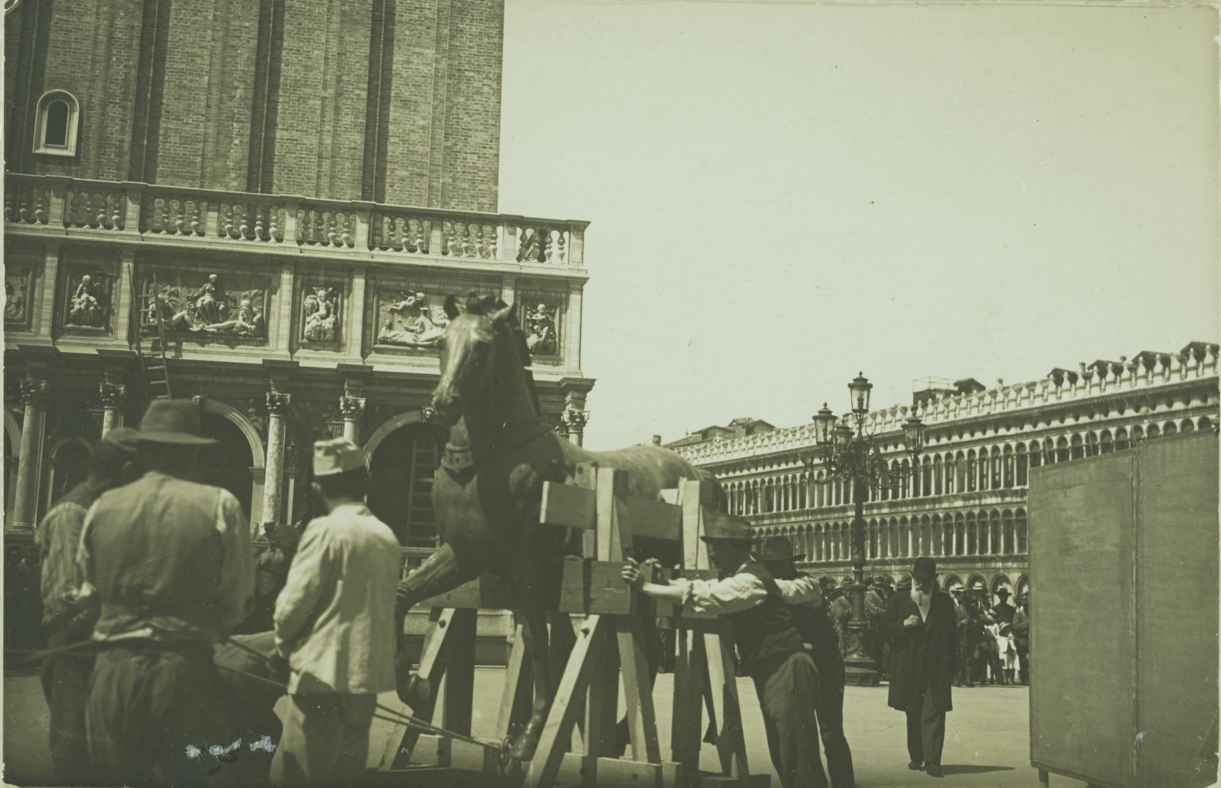 Fotografo non identificato, Venezia - Basilica di S. Marco, un cavallo, trasporto, 1915, MPI6075932