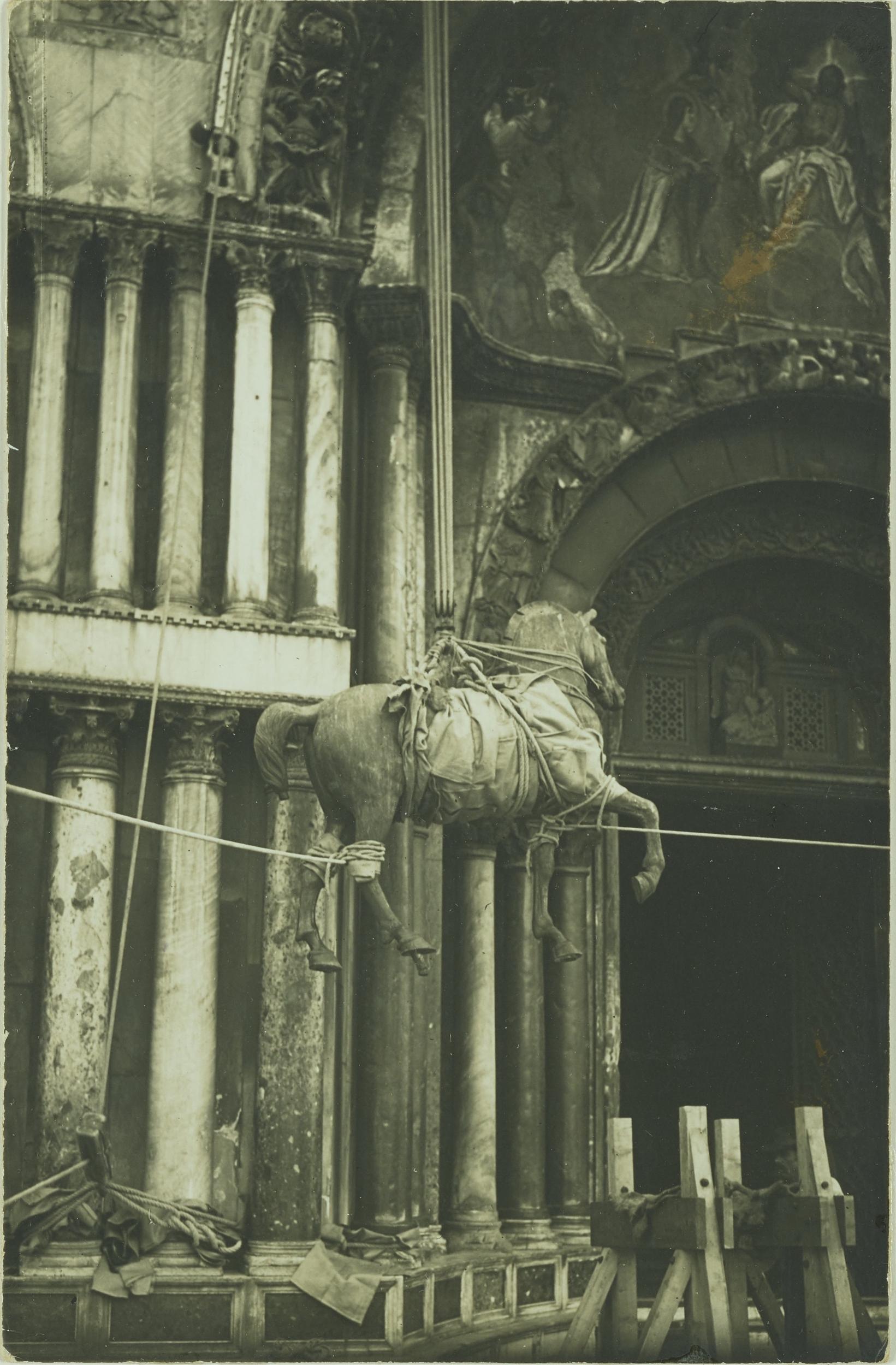 Fotografo non identificato, Venezia - Basilica di S. Marco, un cavallo, trasporto, 1915, gelatina ai sali d'argento, MPI153192