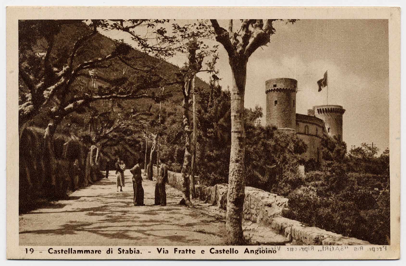 Campania, Napoli, Castellammare di Stabia -Via Fratte e Castello Angioino ,1937, cartolina, FFC015112