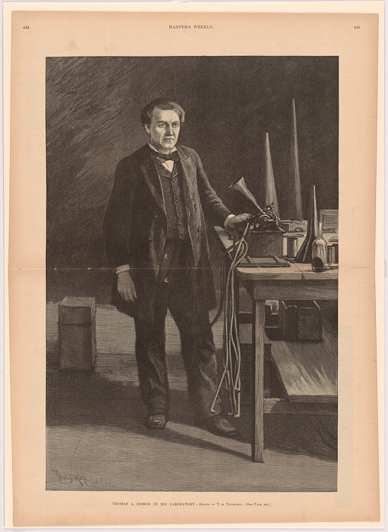 Autore non identificato, Thomas A. Edison in his laboratory - copy after Thure Thulstrup, 1891, Incisione su carta, 47.6 x 32cm, National Portrait Gallery, Smithsonian Institution (Washington, DC)