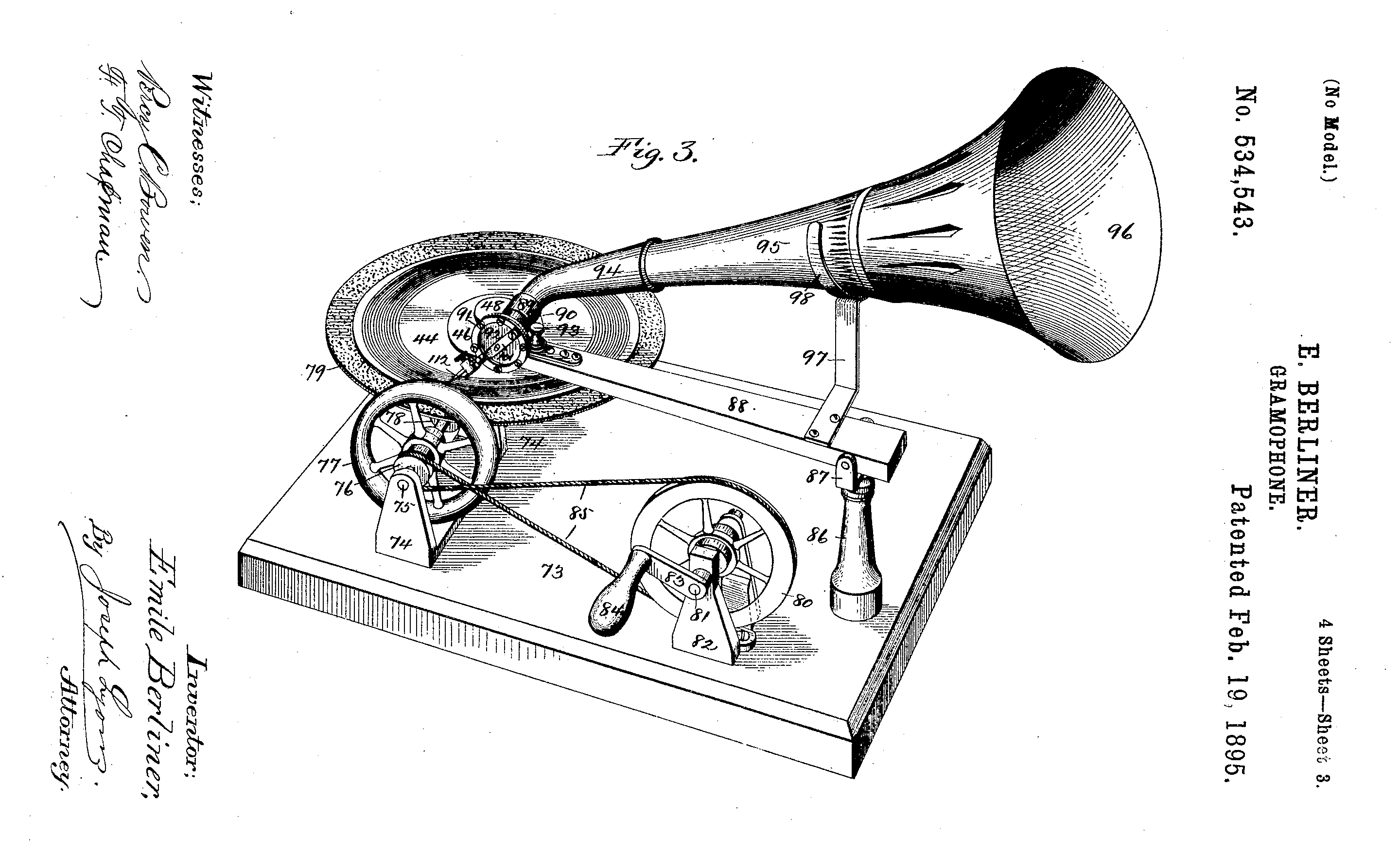 Autore non identificato, Brevetto USA 534543A del Grammofono di Emile Berliner, 1895.