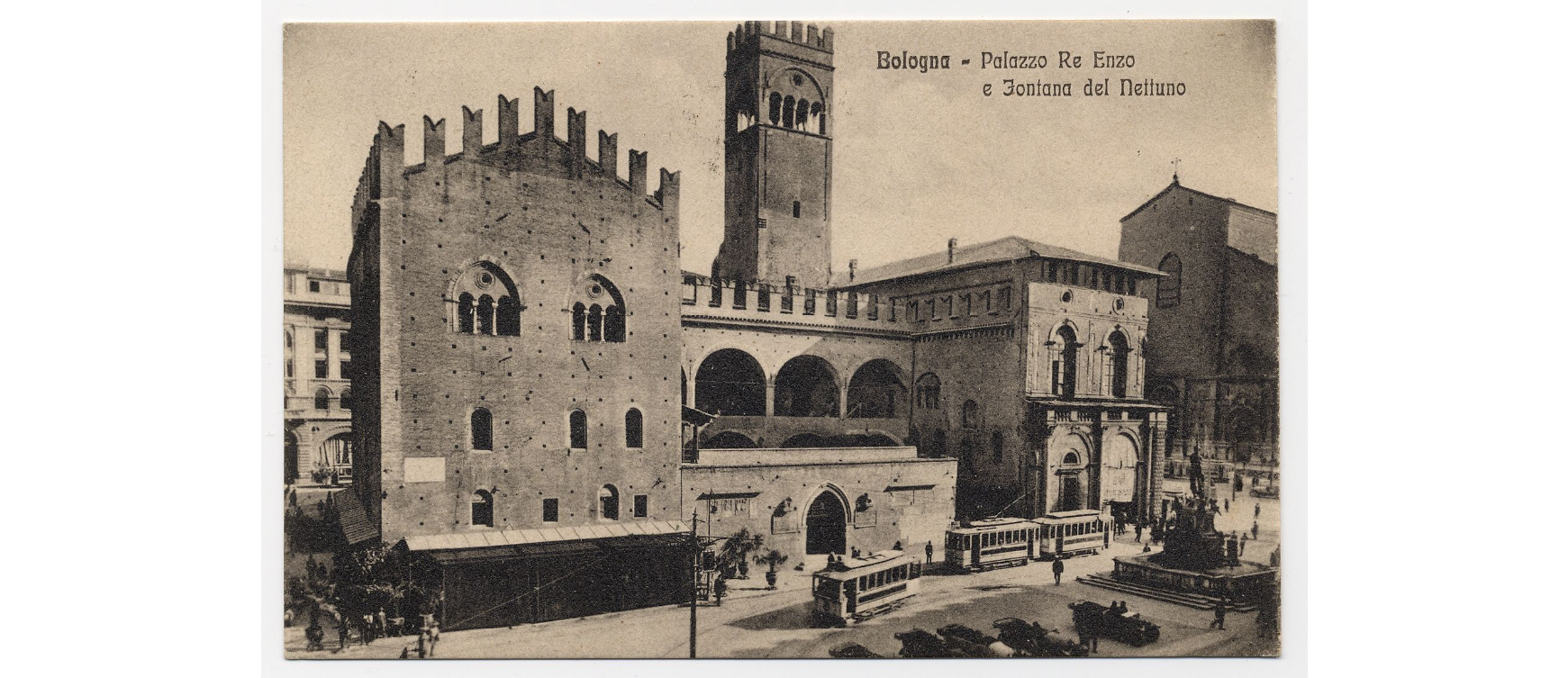 Fotografo non identificato, BOLOGNA-PALAZZO RE ENZO E Fontana DEL NETTUNO, 1930, cartolina, FFC021834