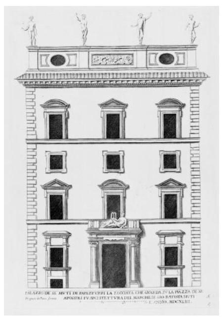 Pietro Ferrerio (disegnatore), Palazzo de SS. Muti de Papazzurri la facciata che guarda su la piazza de SS./ Apostoli fu architettura del Marchese Gio. Batista Muti/ l'anno MDCXLIIII, Palazzi di Roma de Piv Celebri Architetti (serie), acquaforte su carta, secondo stato, mm 316x214, presso Calcografia Camerale, Roma 1738-1870 (prima tiratura presso G.G. De Rossi, Roma 1655), S-CL2268_6685
