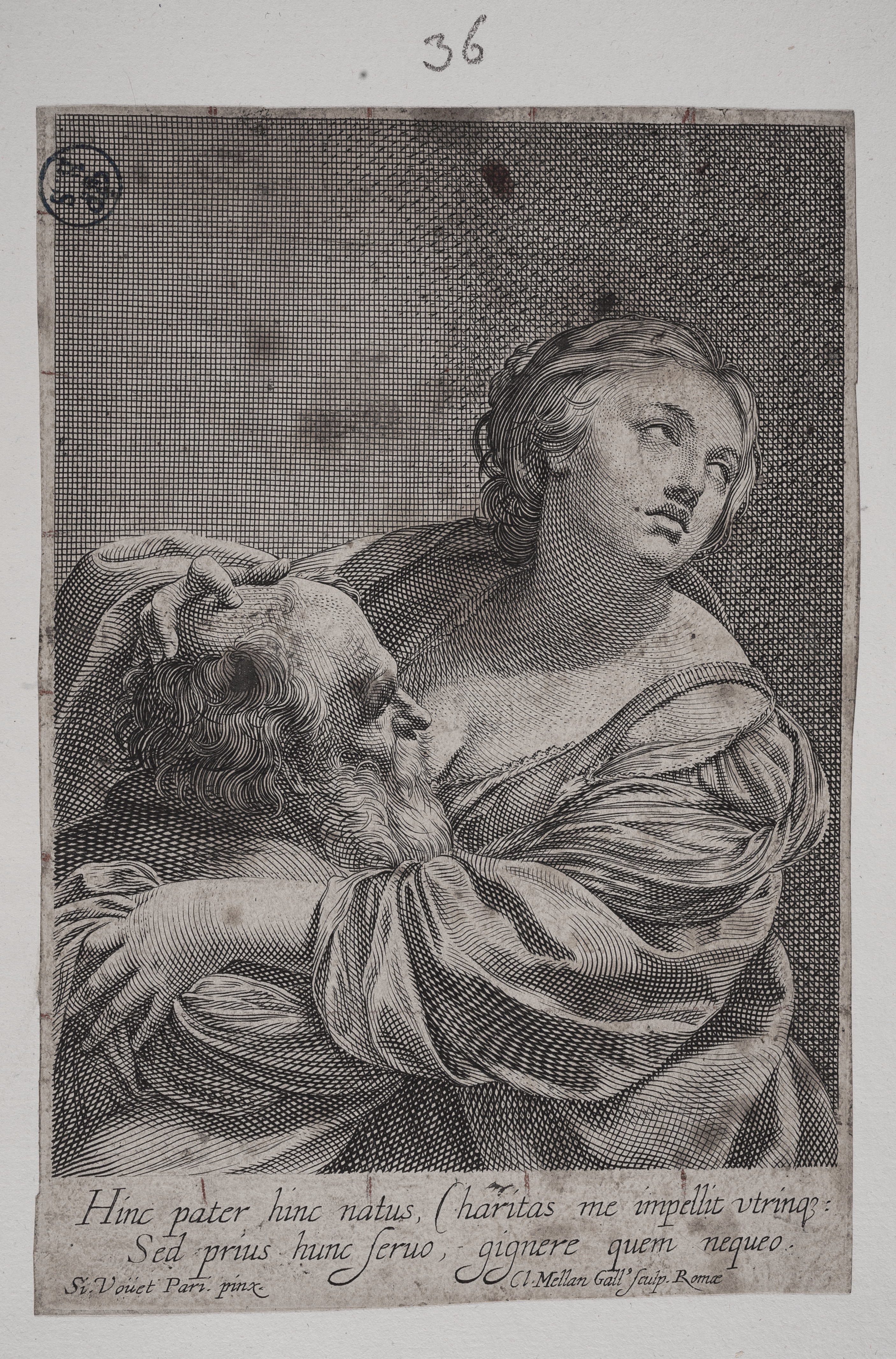 Simon Vouet (inventore), Claude Mellan (incisore), Carità Romana, 1626-1627, acquaforte su carta, mm 166x114, Biblioteca Nazionale Universitaria di Torino, Raccolta Stampe e Disegni, 0100408106