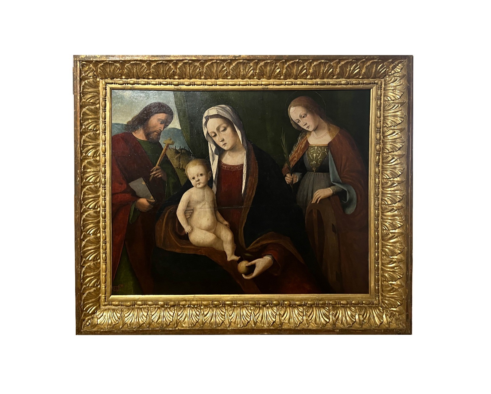 Autore ignoto (ambito di Marco Palmezzano?), Madonna con Bambino tra Santa Caterina d'Alessandria e San Giovanni Evangelista, 1530-1539 ca., olio su tavola, cm 63x78, Forlì, Istituto Prati, 0800052304