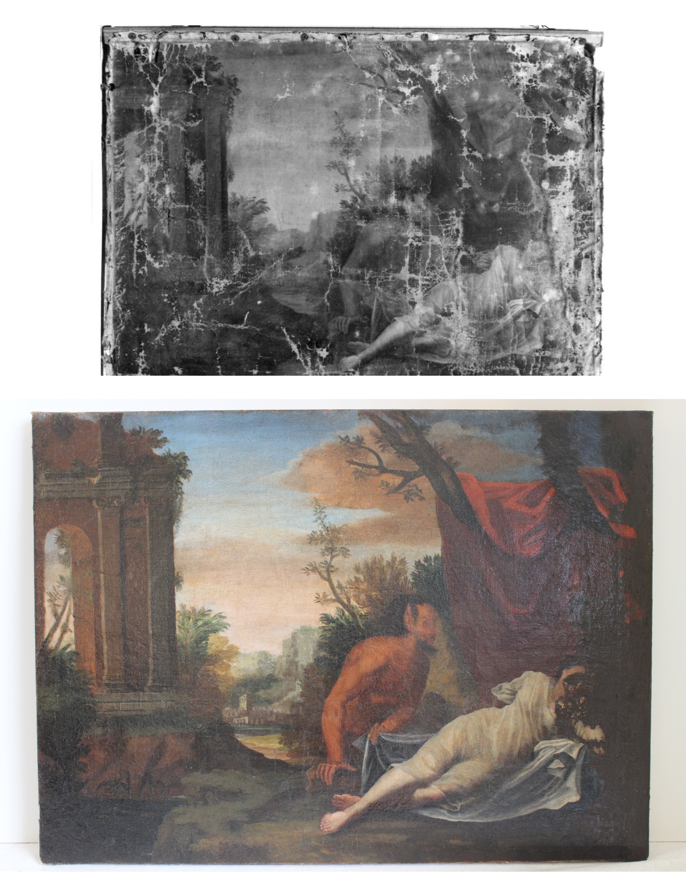Autore emiliano-romagnolo, Satiro scopre una ninfa dormiente, 1690-1710 ca., olio su tela, cm 64x85, Forlì, Istituto Prati, 0800052318 (prima e dopo il restauro)