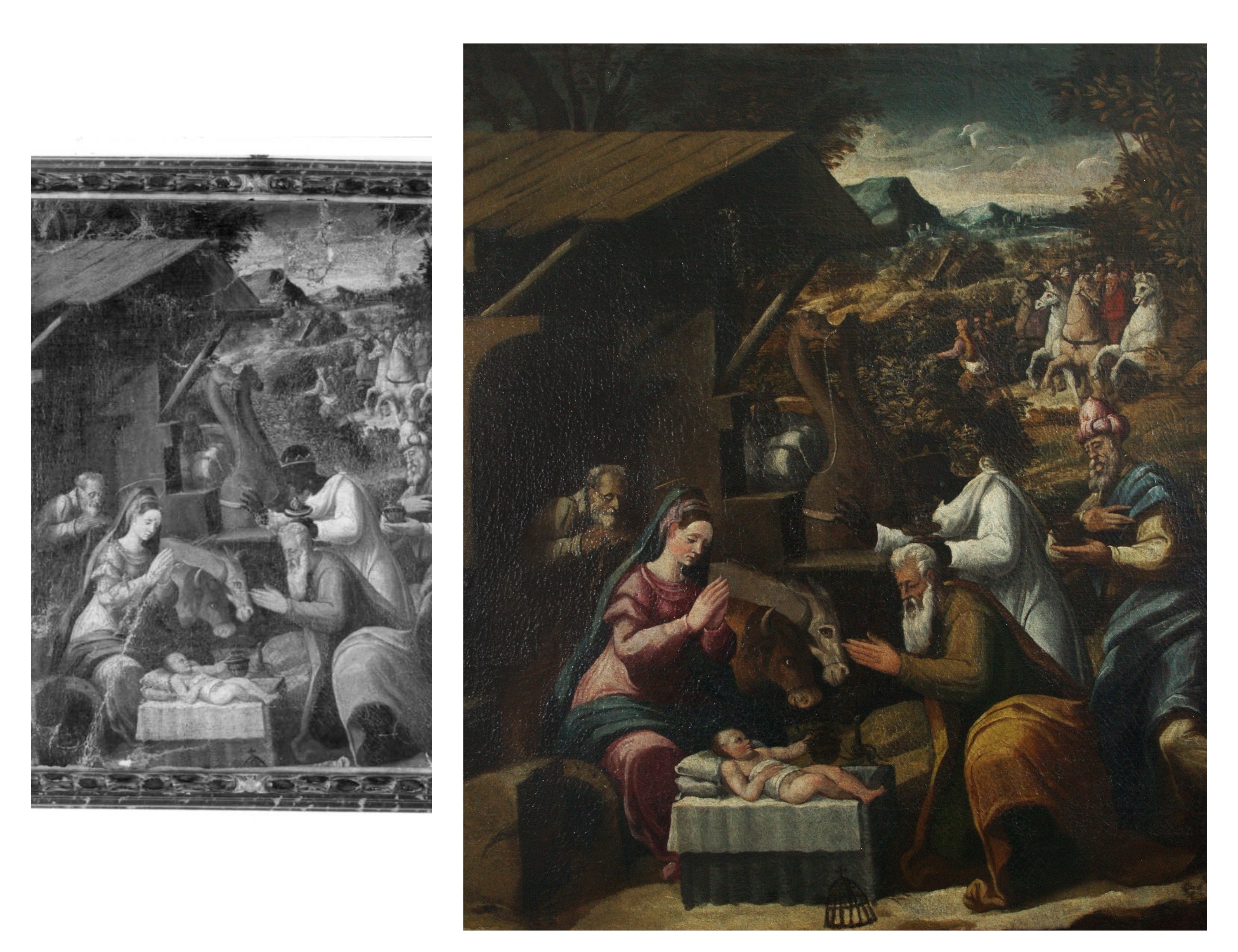 Gianfrancesco Modigliani, Adorazione dei Re Magi, 1600-1610, olio su tela, cm 68x63.5, Forlì, Istituto Prati, 0800052299 (prima e dopo il restauro)