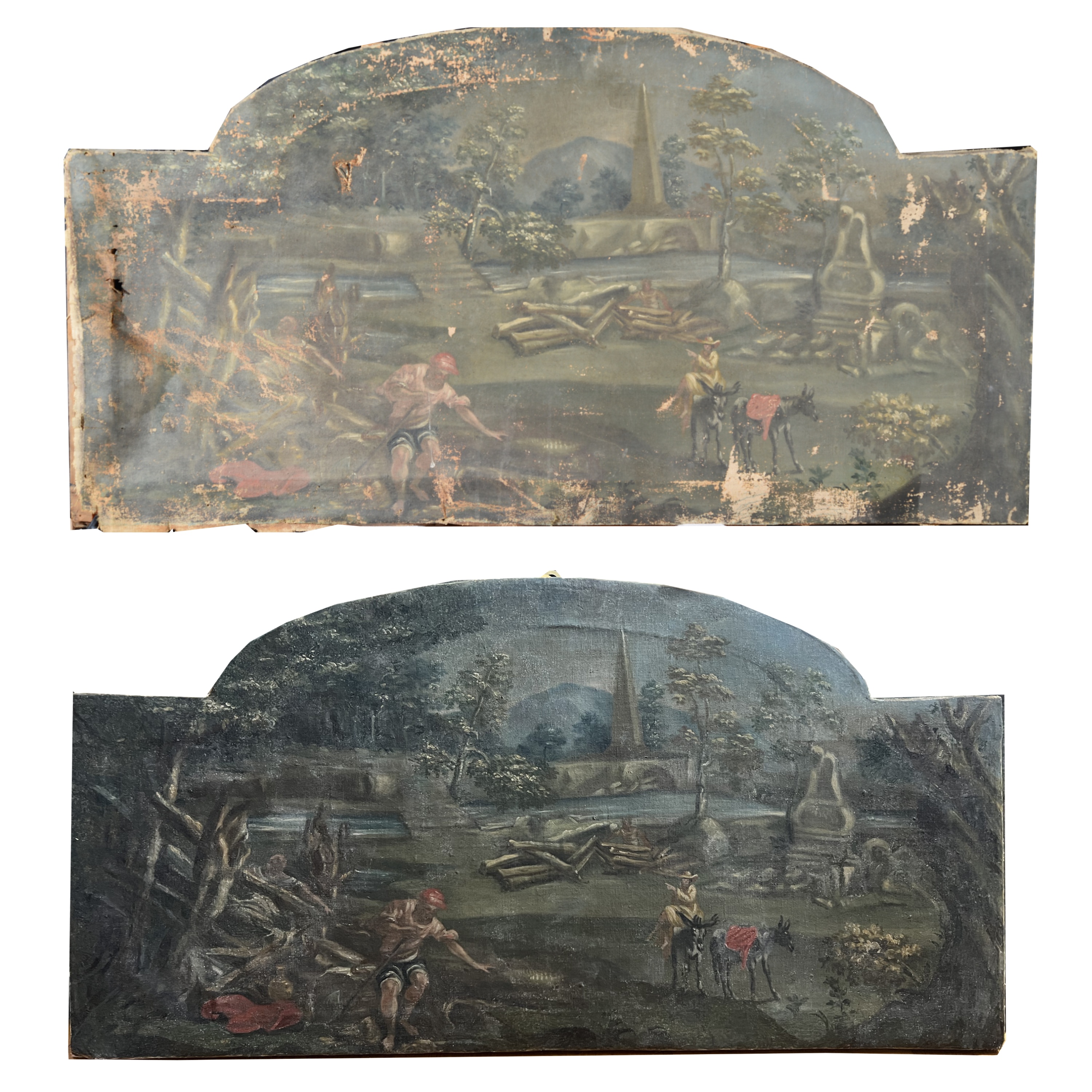 Ambito romagnolo, Paesaggio con rovine, legna e figure, seconda metà del XVIII secolo, cm 59x113.5, Forlì, Istituto Prati, 0800052322 (prima e dopo il restauro)
