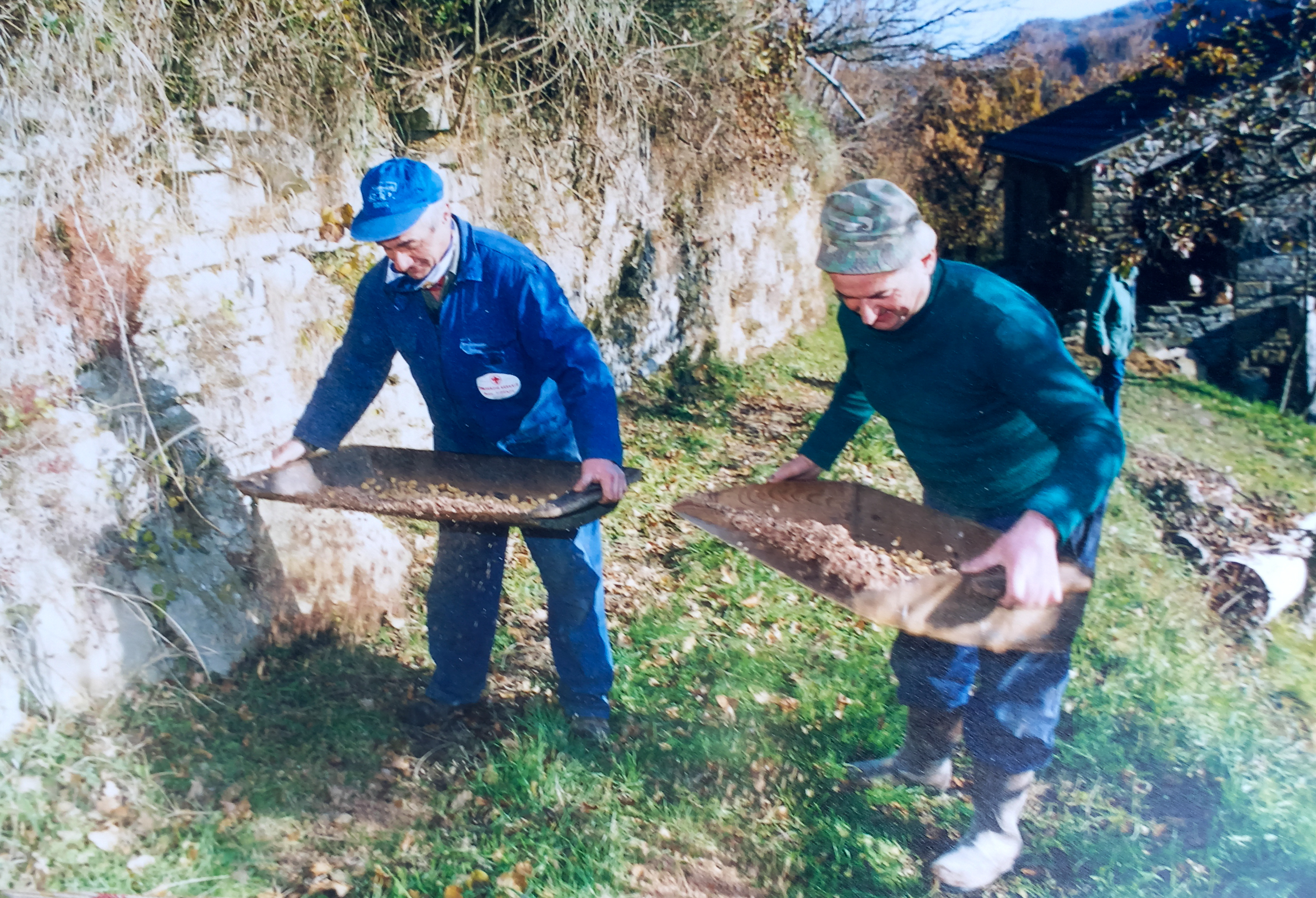 Autore sconosciuto, passaggio delle castagne alla vassura, per eliminare le pellicole rimaste dopo l'affumicatura, anni '80 del Novecento, fotografia analogica, 10x15 cm